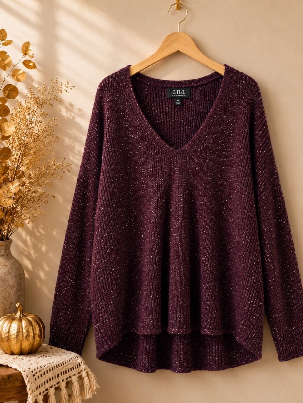 a.n.a Plum Gold Metallic Sparkle V-Neck High Low Sweater XL
